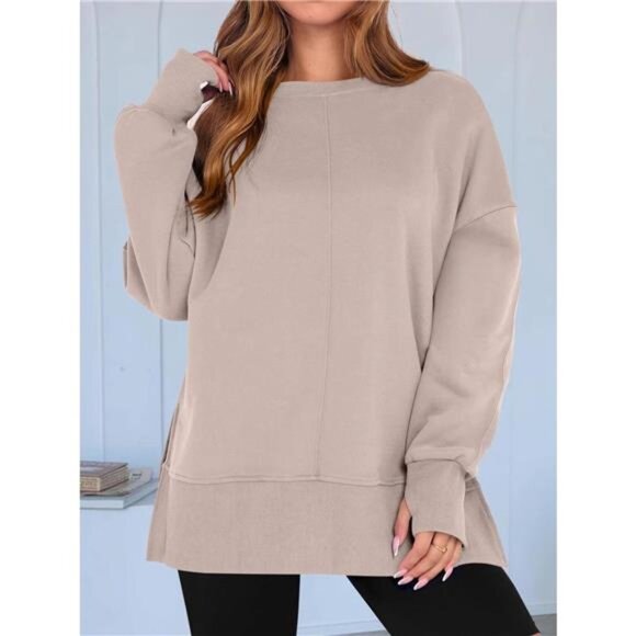 Side Slit Round Neck Long Sleeve Sweatshirt - Picture 13 of 16